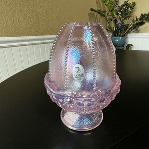 Vintage Fenton Pink Iridescent Beaded Glass Fairy Lamp w/Sticker